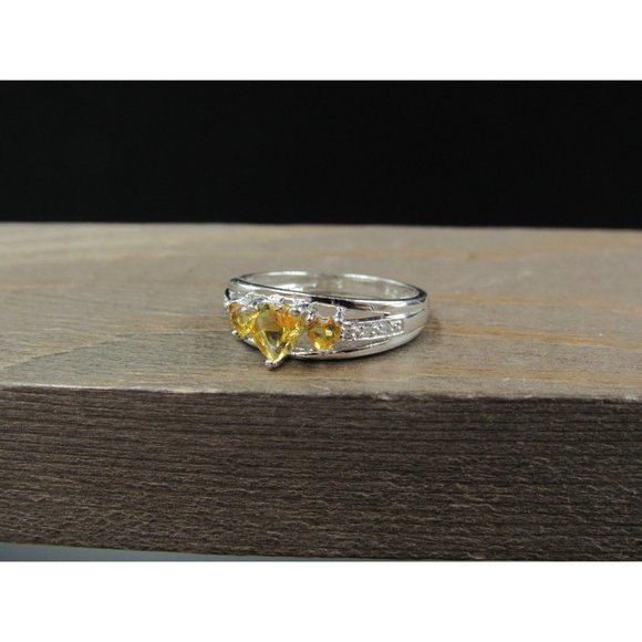 Size 6 Sterling Silver Triple Heart Citrine And Diamond Accent Band Ring Vintage - Picture 3 of 8